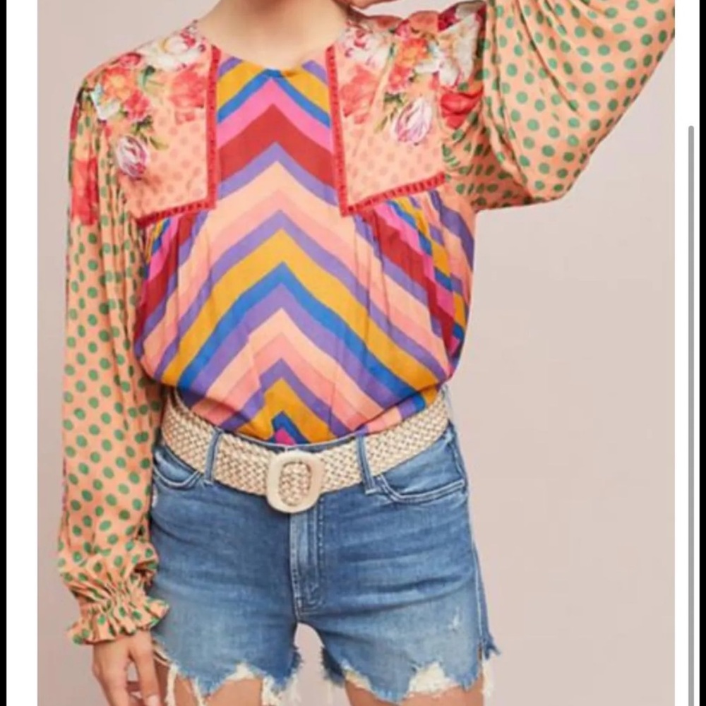 Anthropologie Multicolor Chevron & Polka Dot Long Sleeve Top